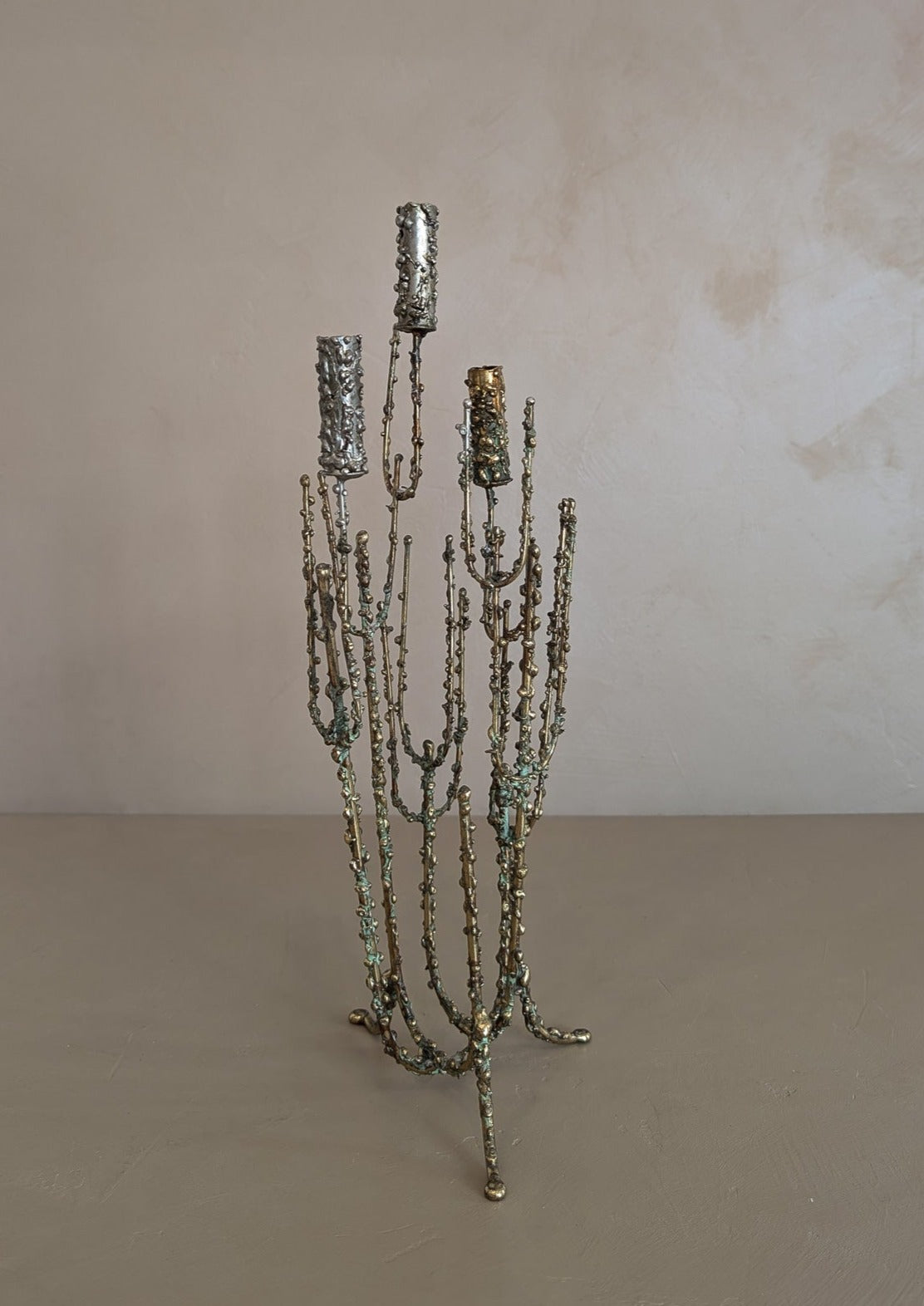 Rare 1967 Curtis Jeré Brutalist Candelabra with Faux Verdigris Finish