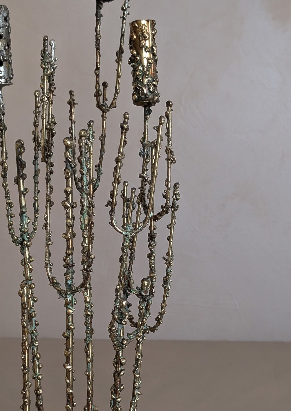 Rare 1967 Curtis Jeré Brutalist Candelabra with Faux Verdigris Finish