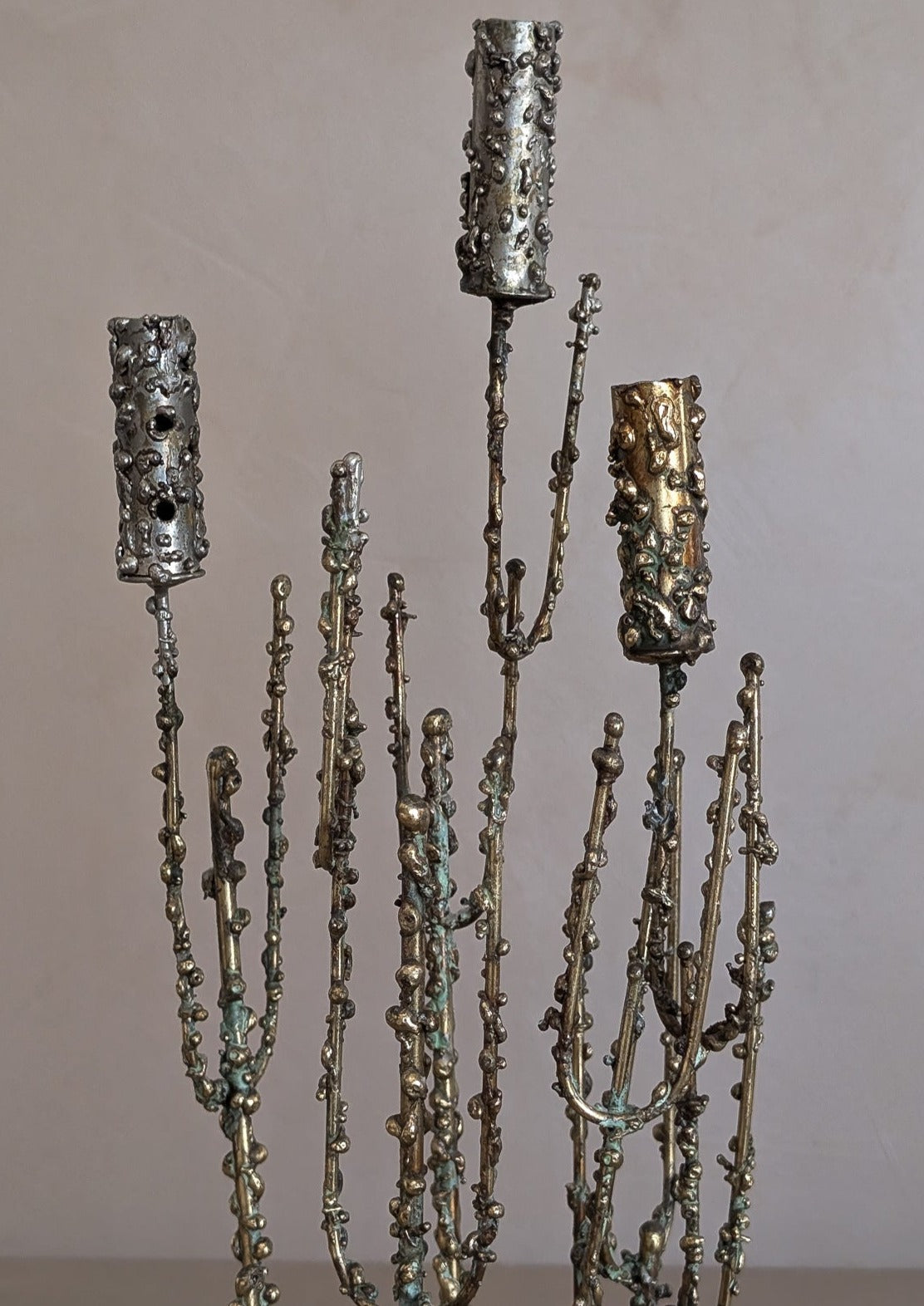 Rare 1967 Curtis Jeré Brutalist Candelabra with Faux Verdigris Finish