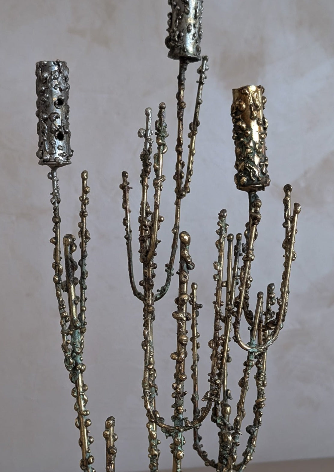 Rare 1967 Curtis Jeré Brutalist Candelabra with Faux Verdigris Finish