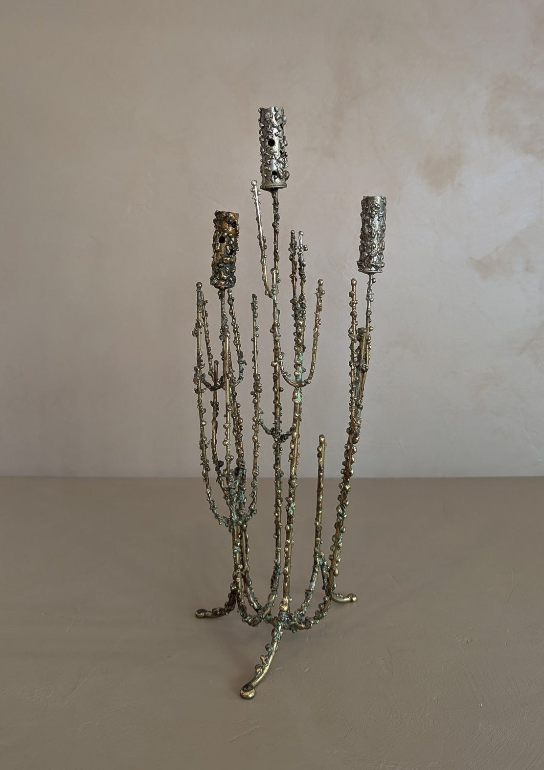 Rare 1967 Curtis Jeré Brutalist Candelabra with Faux Verdigris Finish