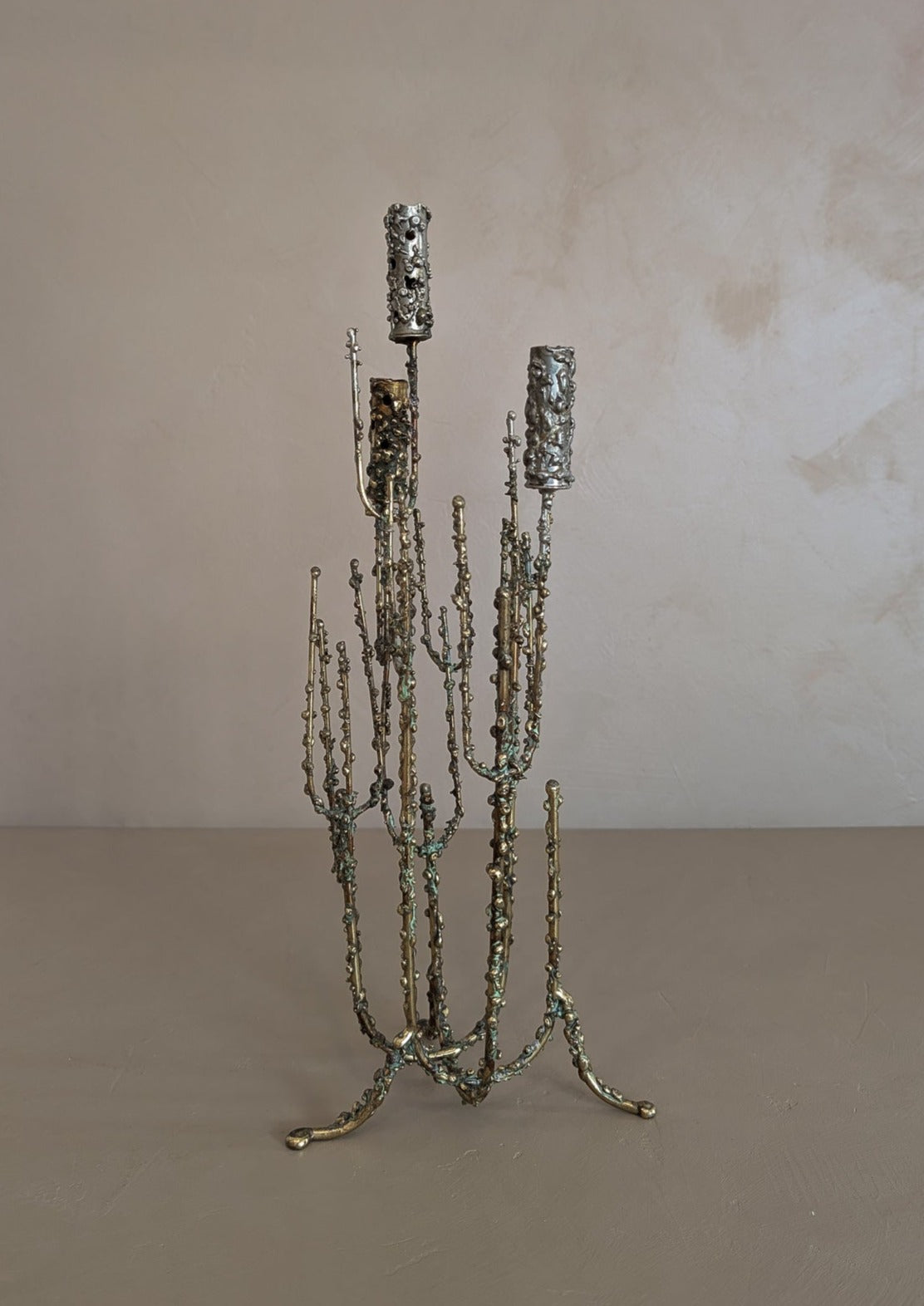 Rare 1967 Curtis Jeré Brutalist Candelabra with Faux Verdigris Finish