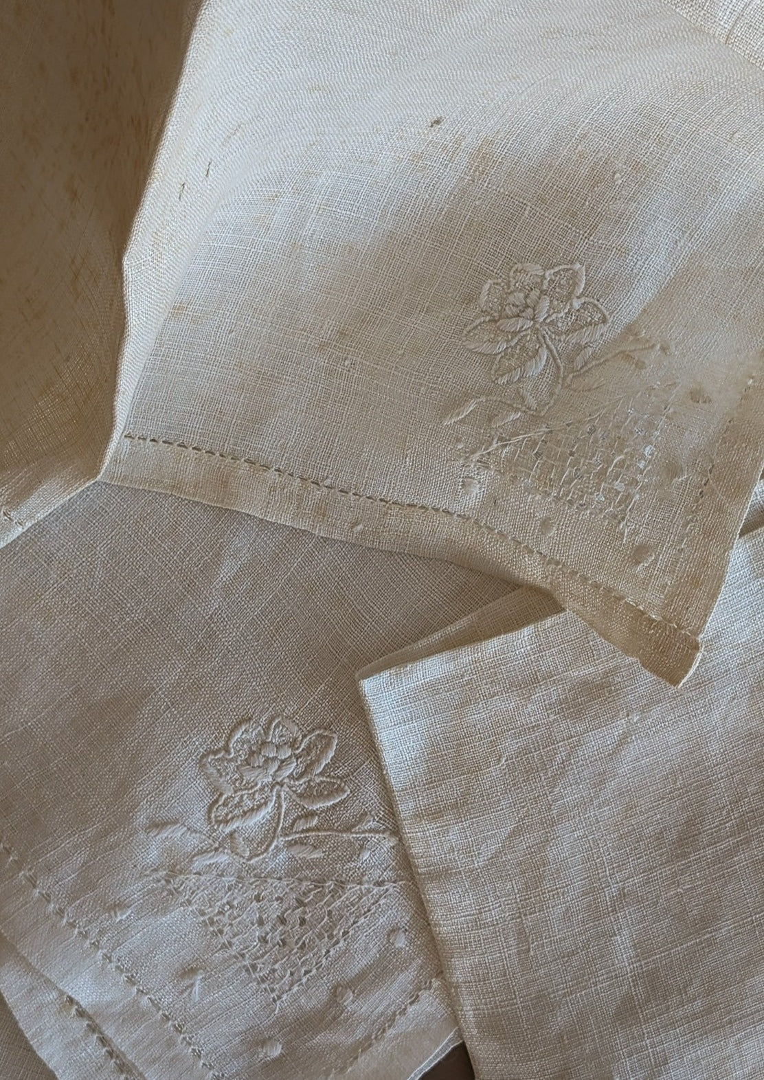 Set of 8 Antique Handmade Napkins with Floral Detailing