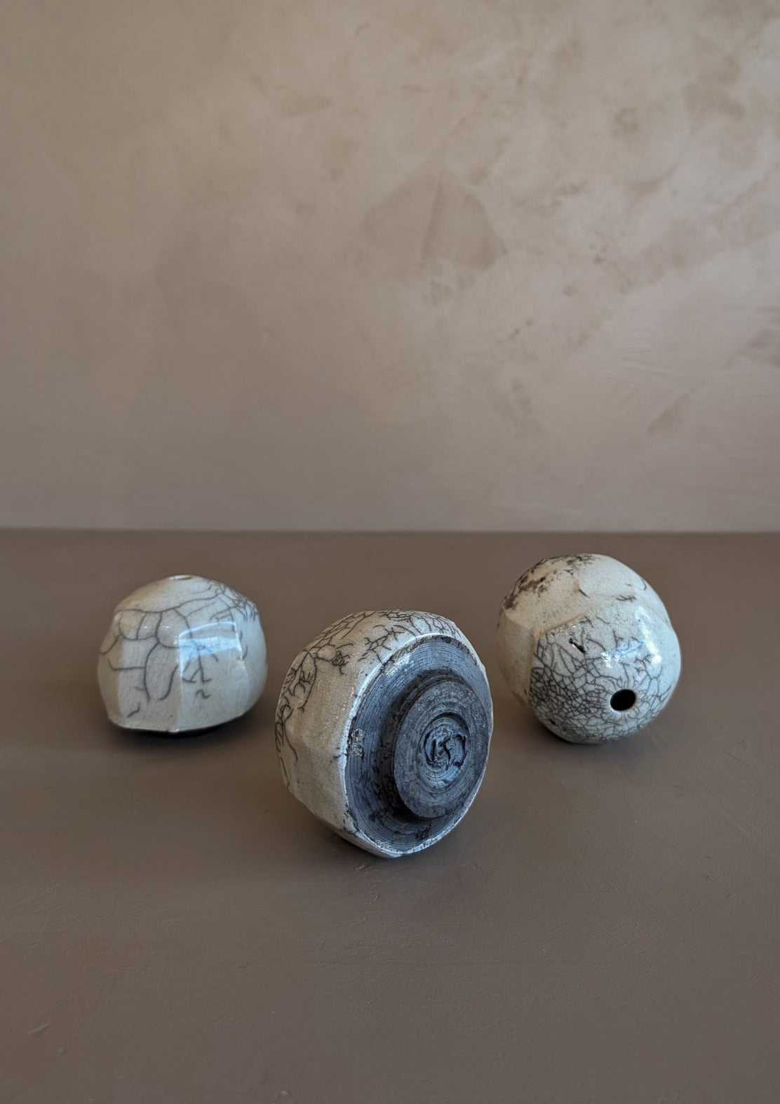 Trio of Handmade Signed Raku Bud Vases