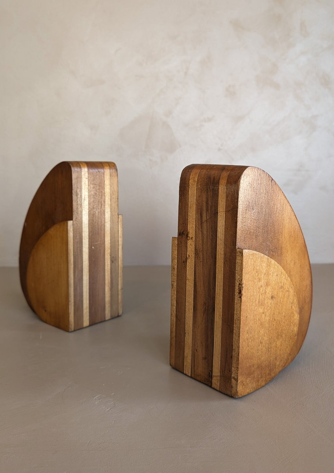 Pair of Sculptural Handmade Wooden Art Deco-Style Bookends