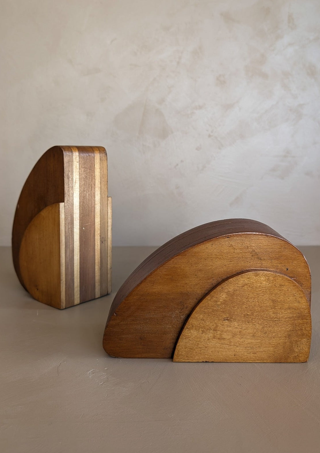 Pair of Sculptural Handmade Wooden Art Deco-Style Bookends