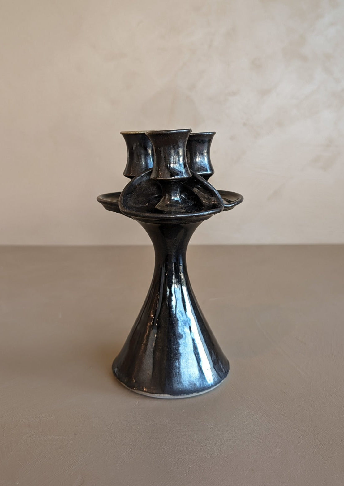 Signed Dark Metallic Glaze Studio Pottery Candelabra