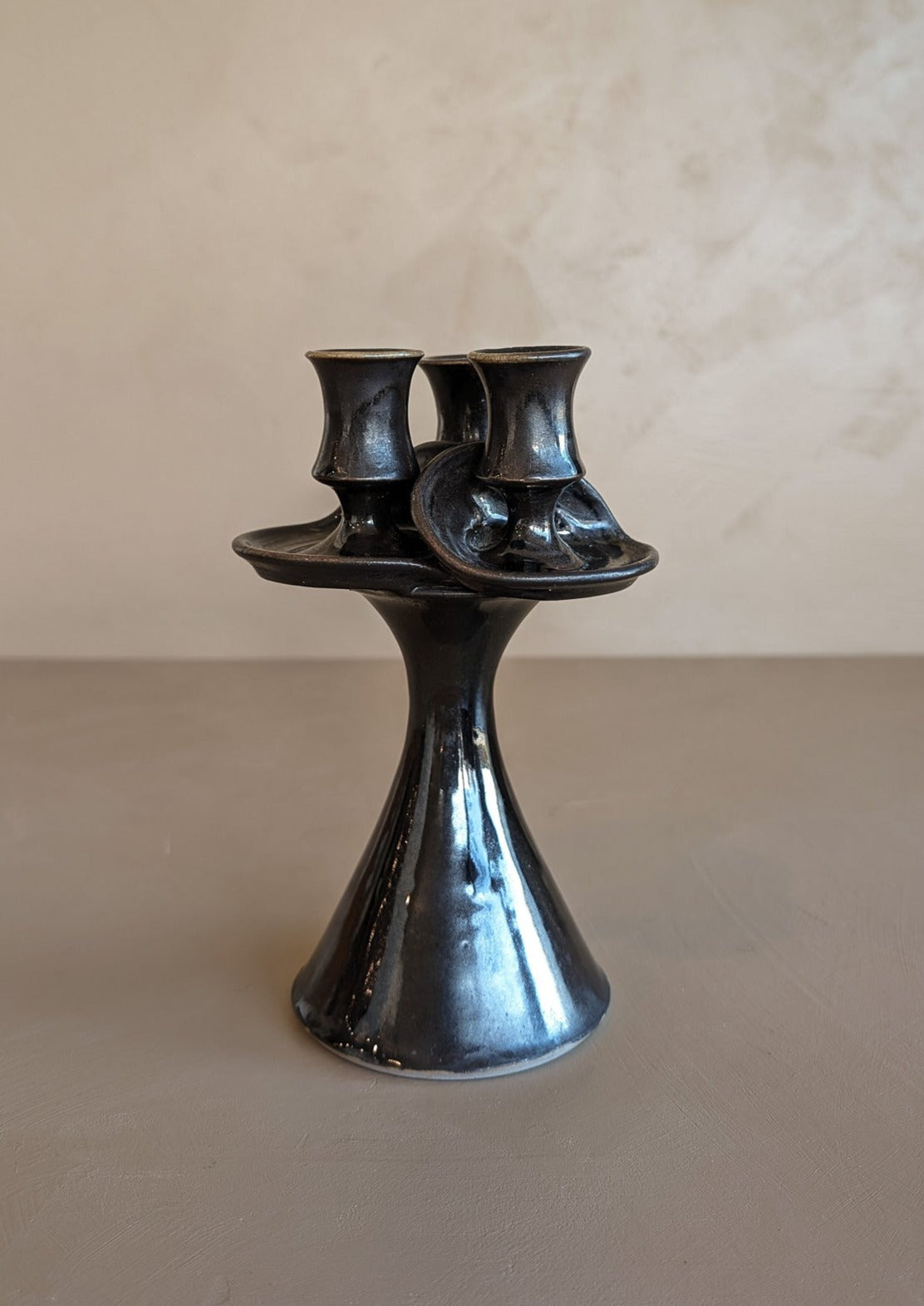 Signed Dark Metallic Glaze Studio Pottery Candelabra