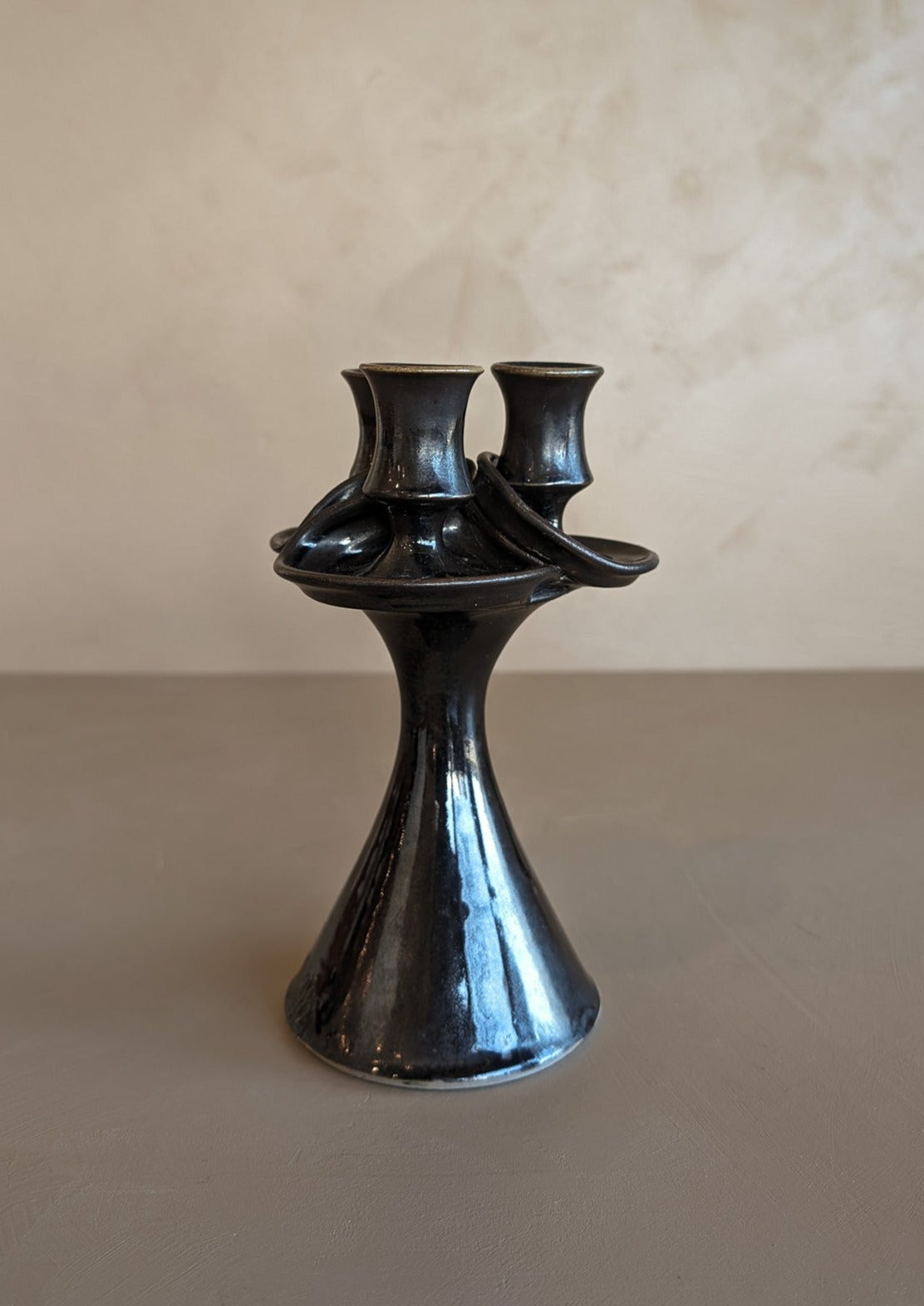 Signed Dark Metallic Glaze Studio Pottery Candelabra