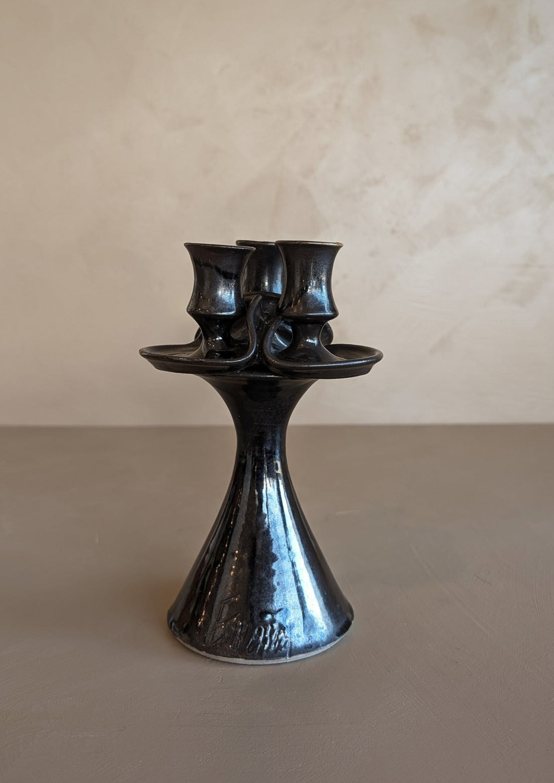 Signed Dark Metallic Glaze Studio Pottery Candelabra