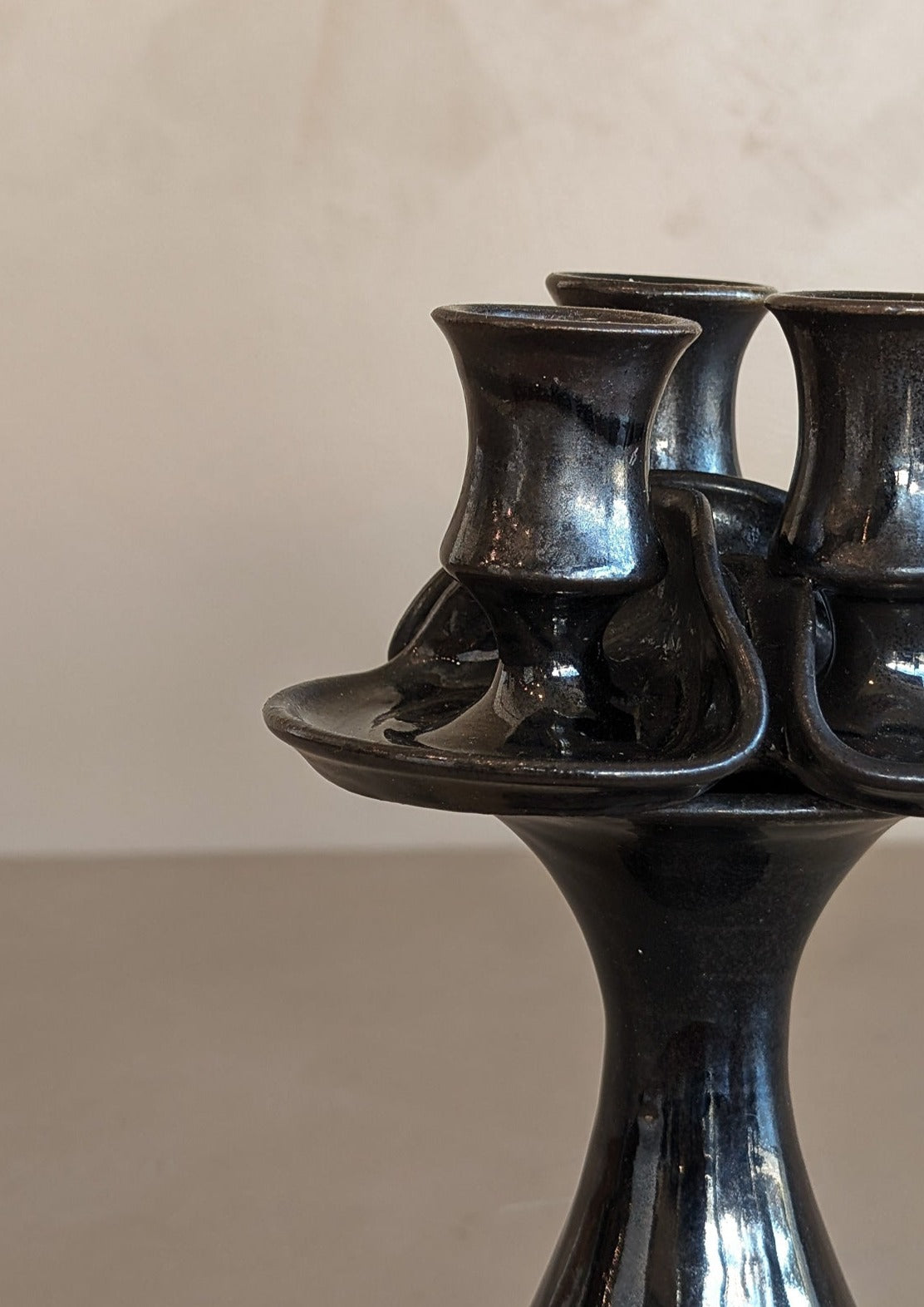 Signed Dark Metallic Glaze Studio Pottery Candelabra