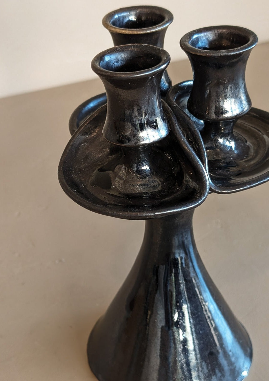 Signed Dark Metallic Glaze Studio Pottery Candelabra