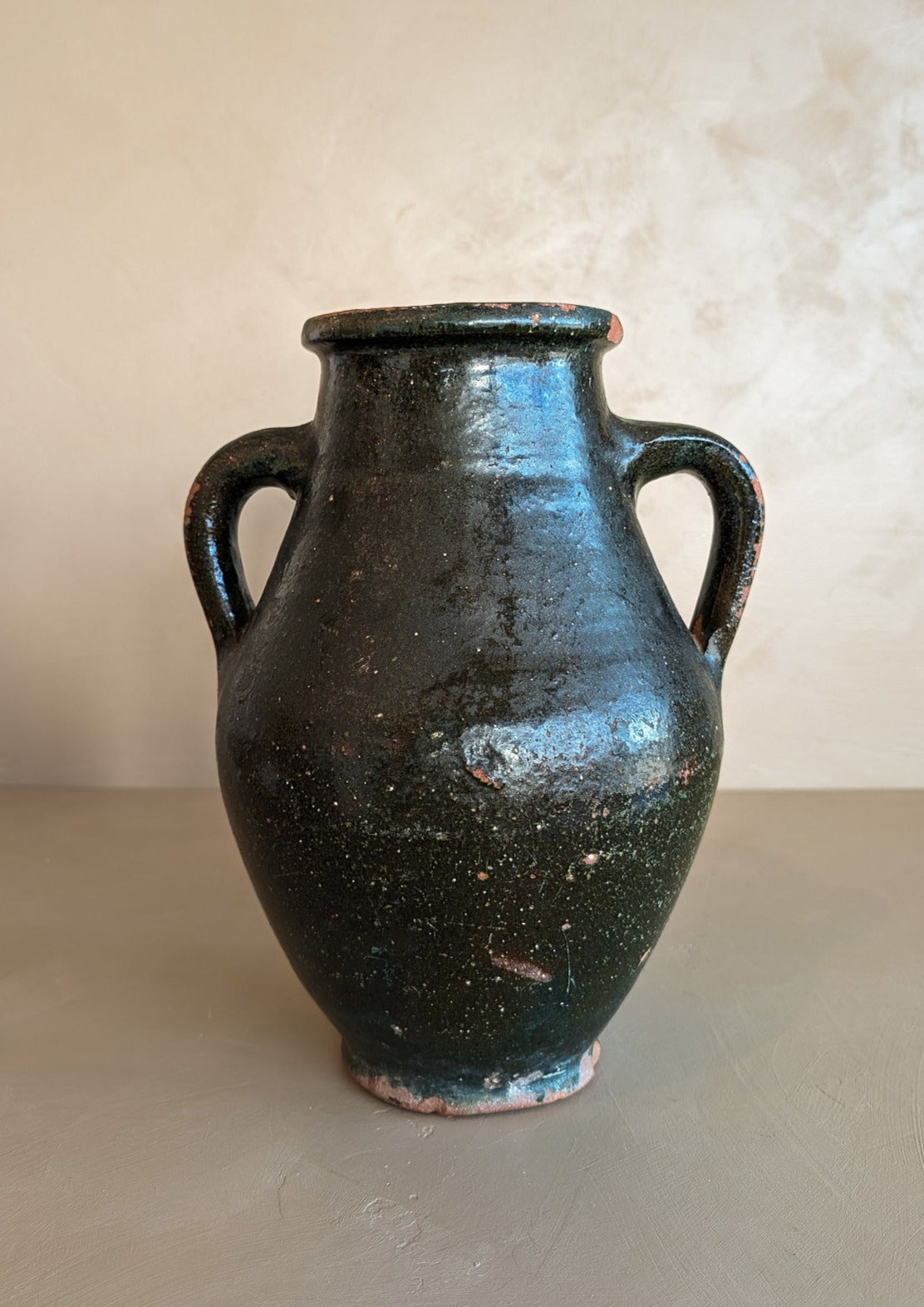 Vintage Dark Green Clay Amphora Vase