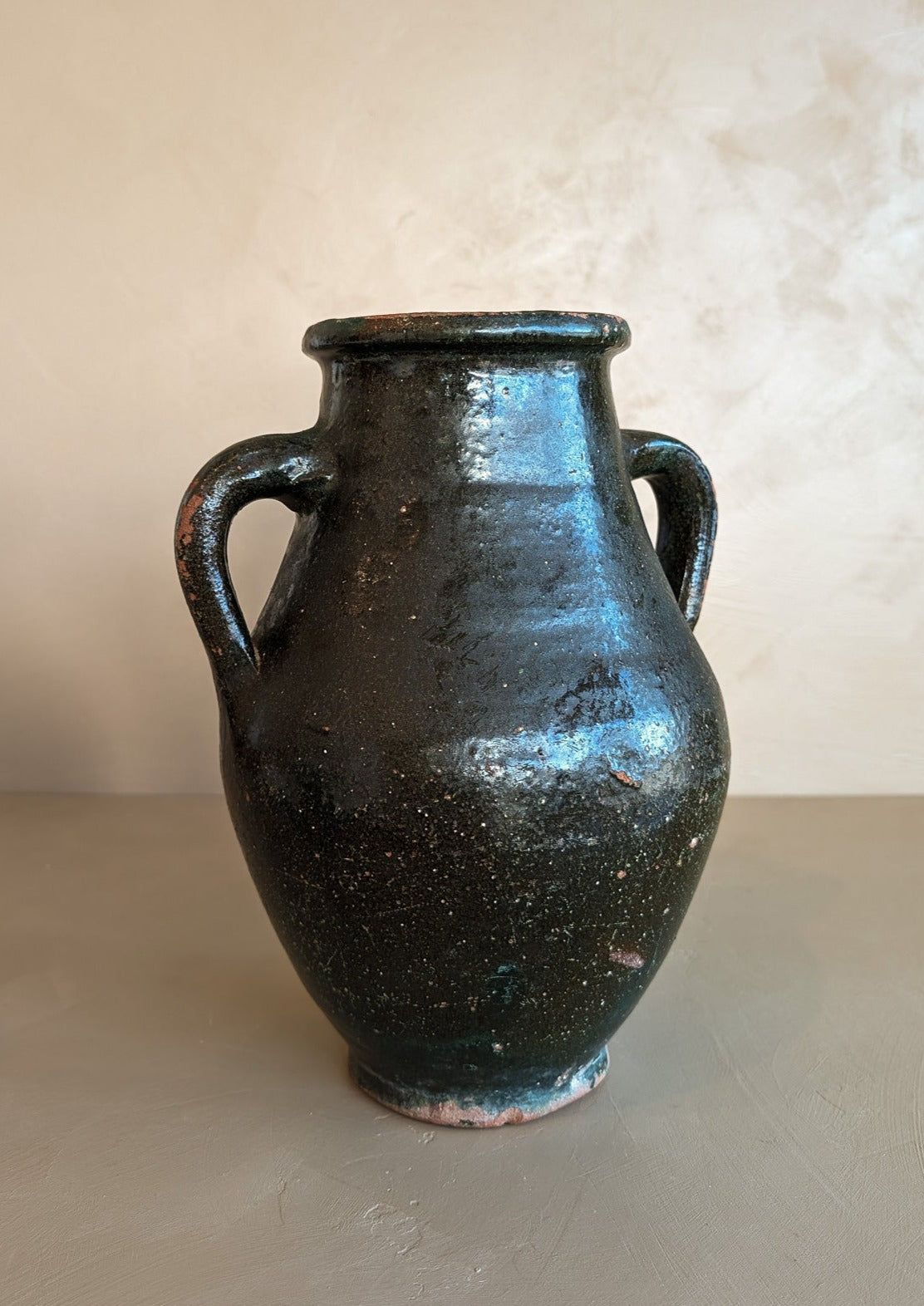 Vintage Dark Green Clay Amphora Vase