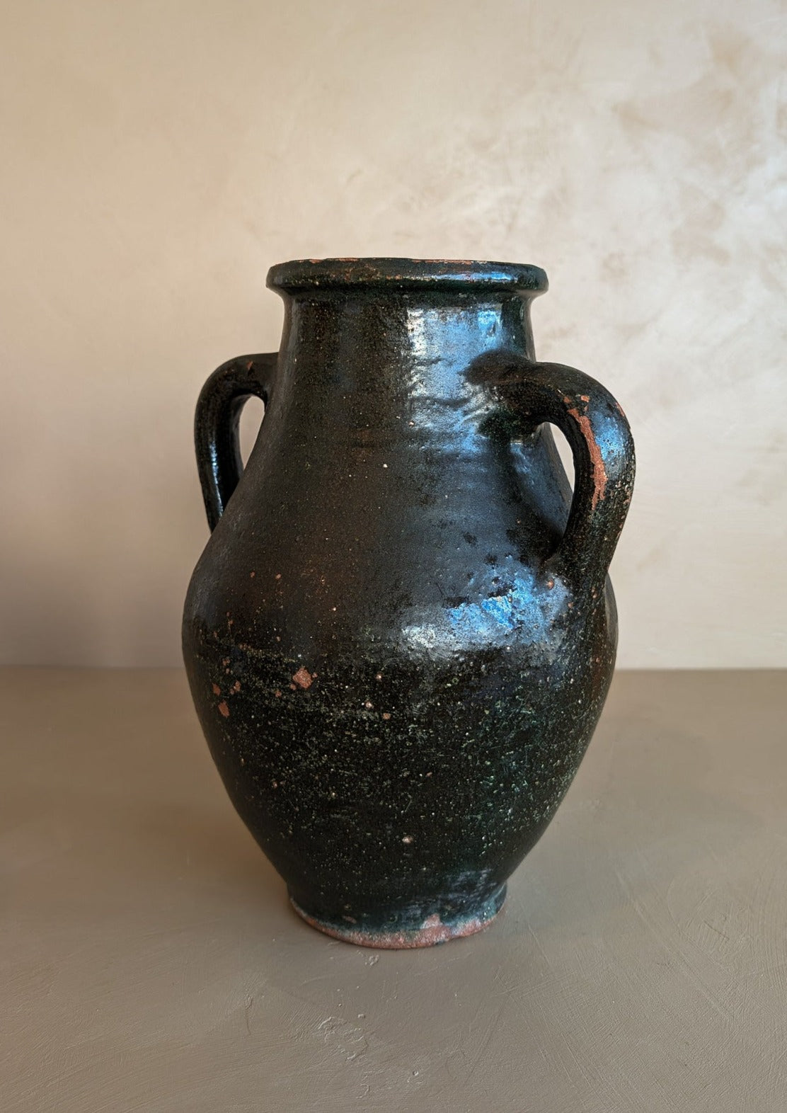 Vintage Dark Green Clay Amphora Vase