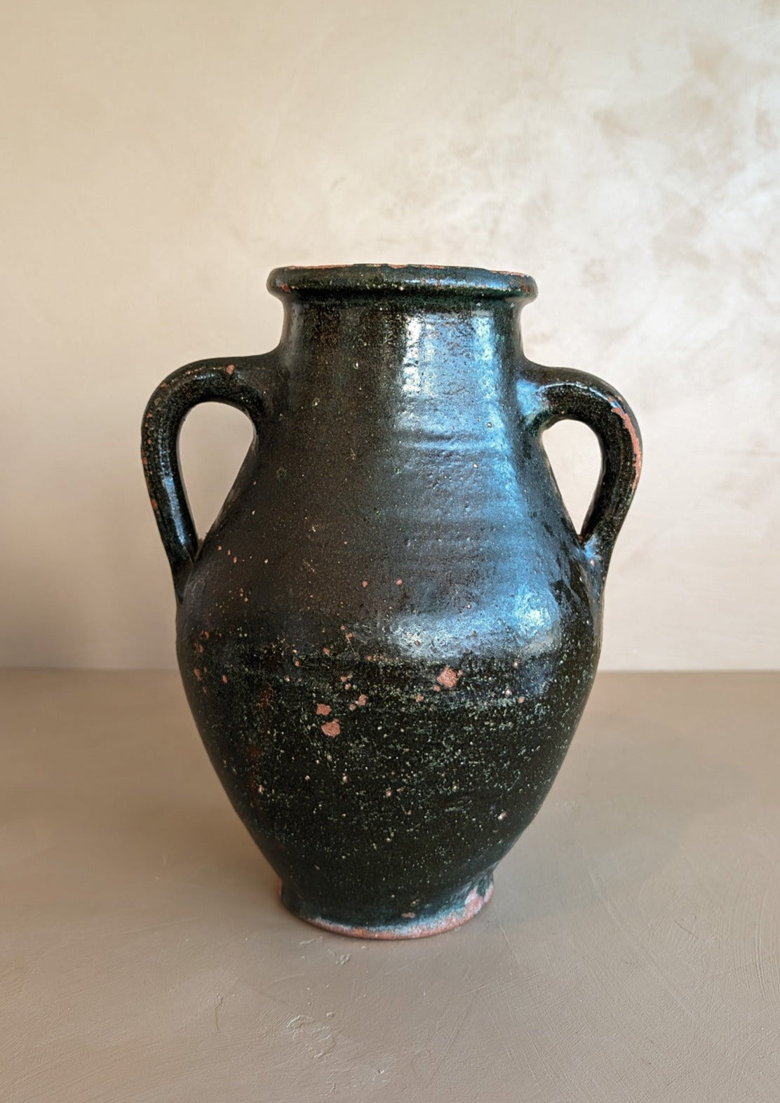 Vintage Dark Green Clay Amphora Vase