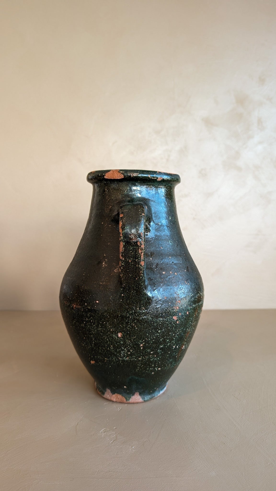 Vintage Dark Green Clay Amphora Vase