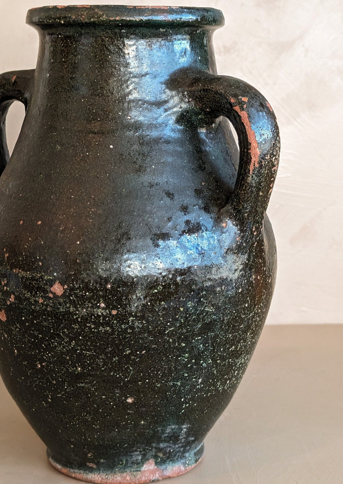 Vintage Dark Green Clay Amphora Vase