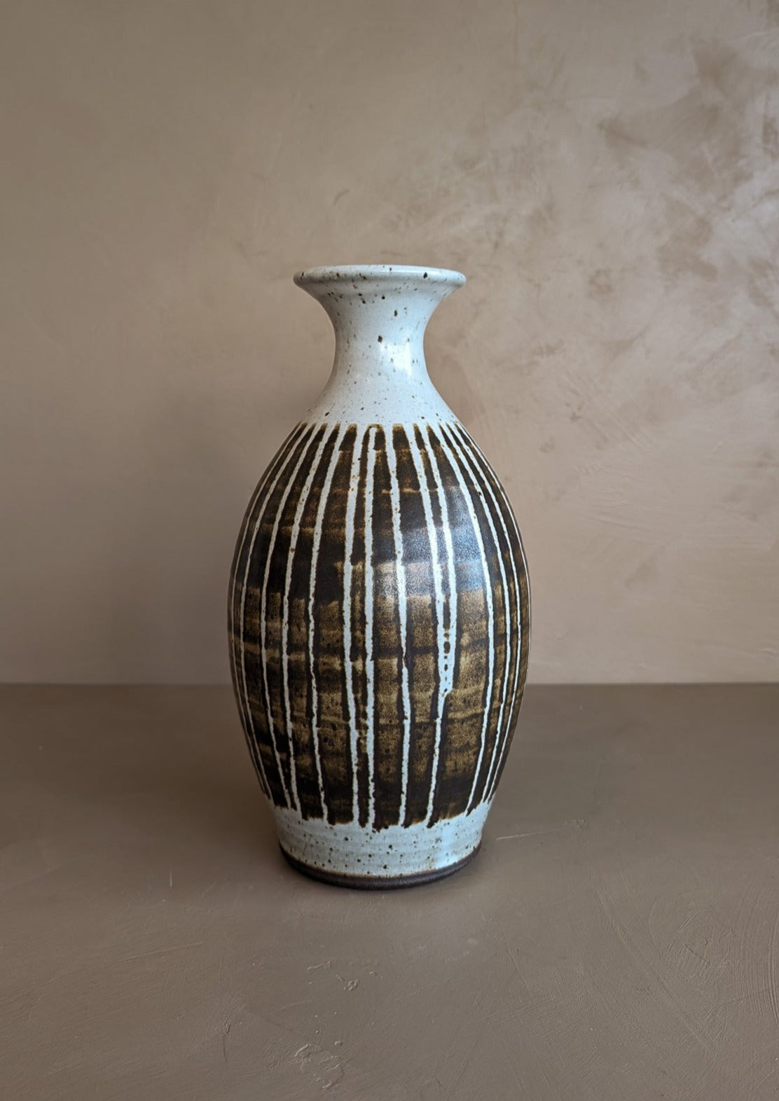 Signed Midcentury Brown Striped Studio Pottery Vase