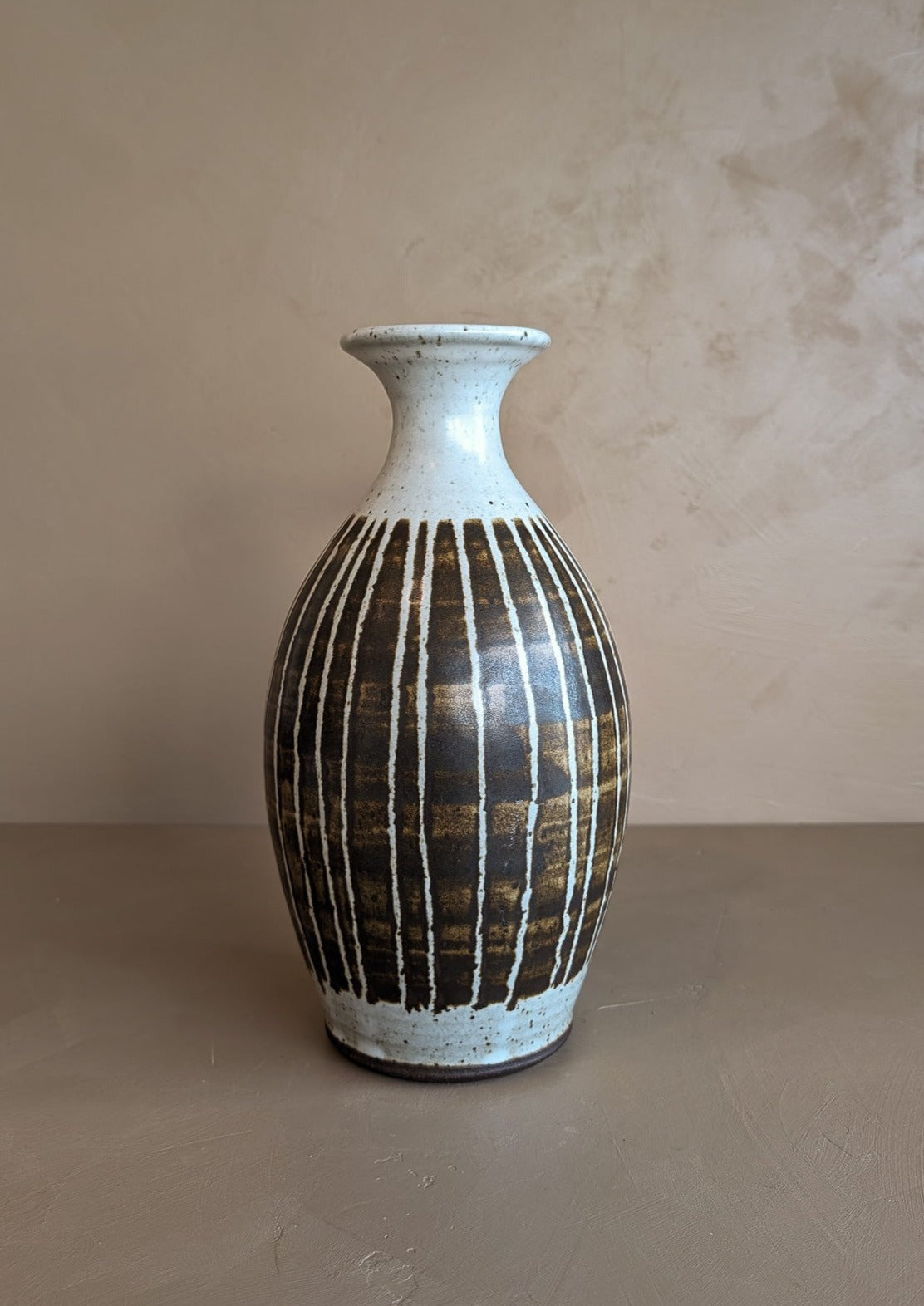 Signed Midcentury Brown Striped Studio Pottery Vase