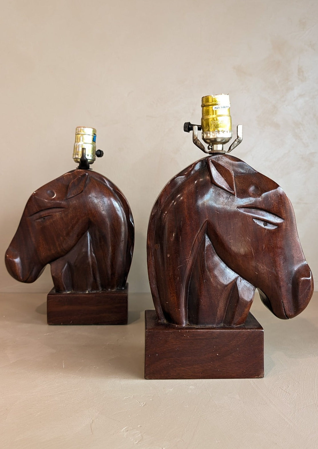 Pair of Midcentury Hand-carved Mahogany Horse Head Lamps