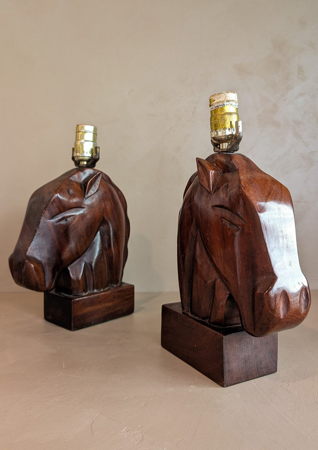 Pair of Midcentury Hand-carved Mahogany Horse Head Lamps