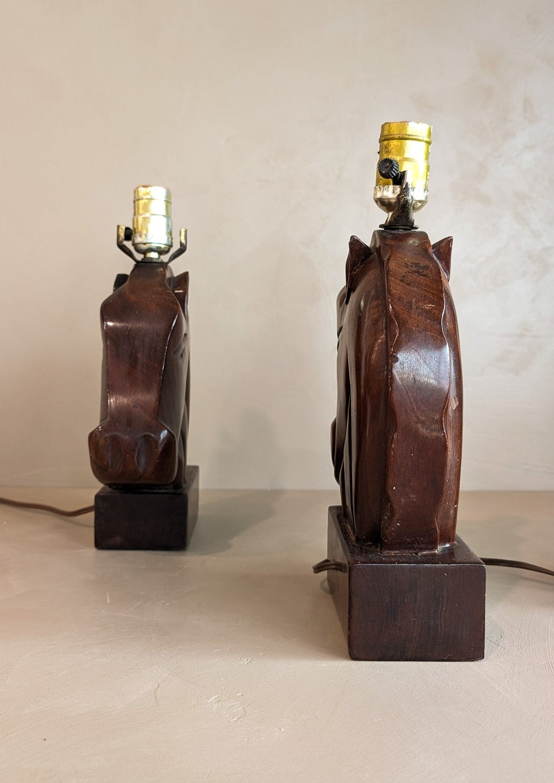 Pair of Midcentury Hand-carved Mahogany Horse Head Lamps