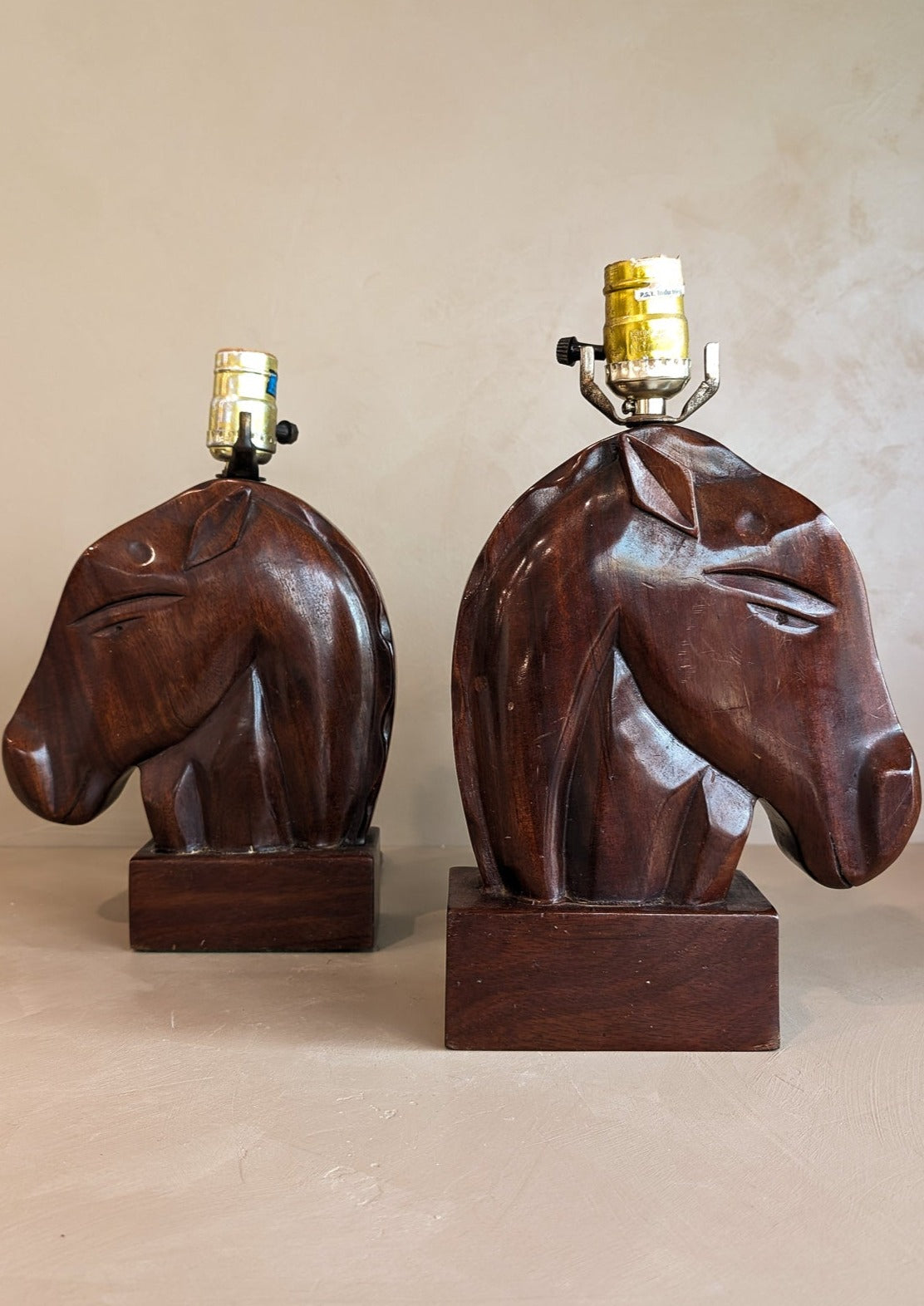 Pair of Midcentury Hand-carved Mahogany Horse Head Lamps