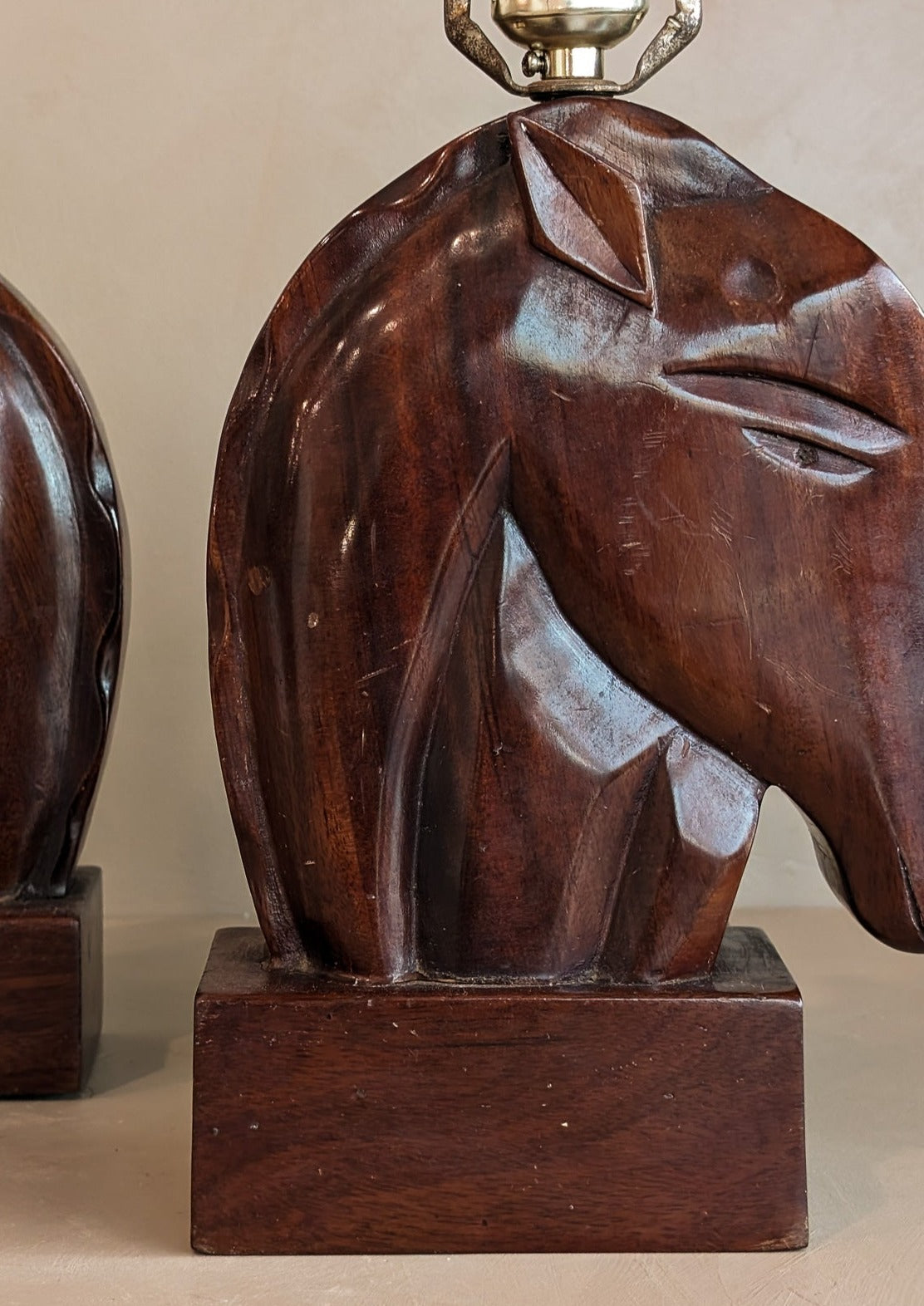 Pair of Midcentury Hand-carved Mahogany Horse Head Lamps