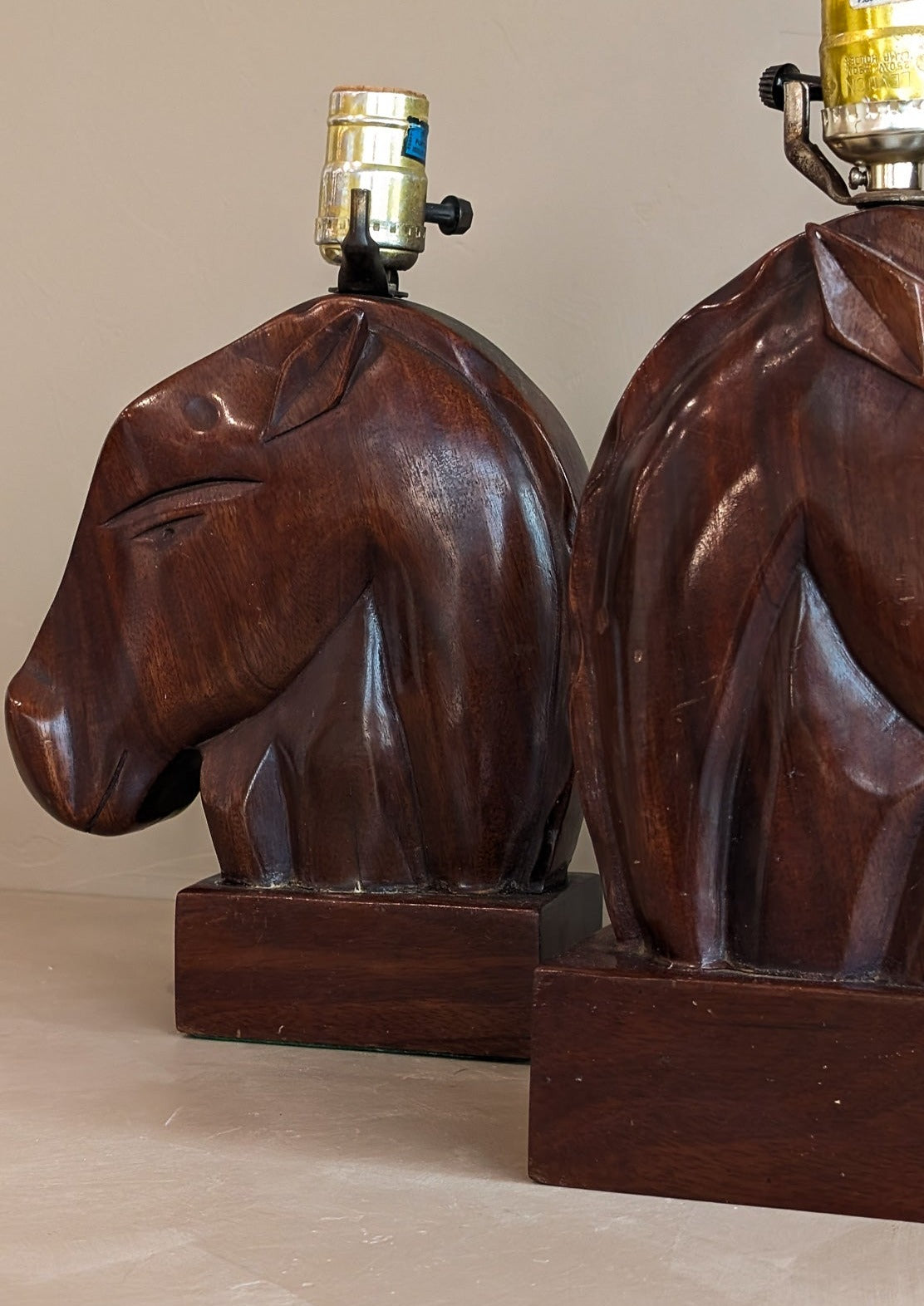 Pair of Midcentury Hand-carved Mahogany Horse Head Lamps