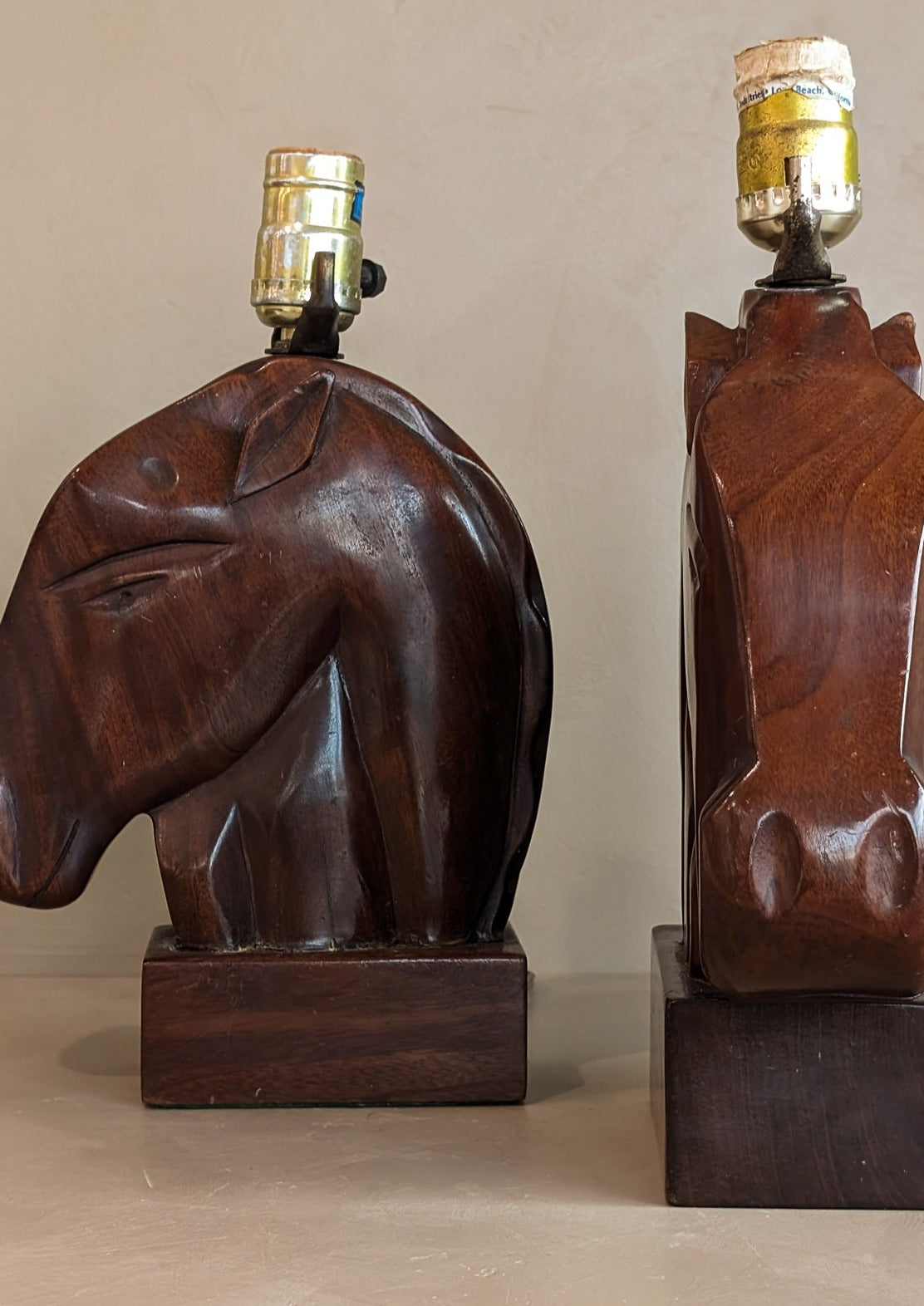 Pair of Midcentury Hand-carved Mahogany Horse Head Lamps