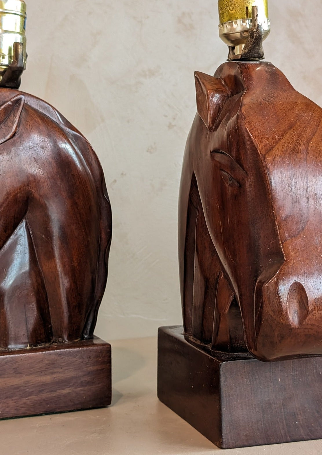 Pair of Midcentury Hand-carved Mahogany Horse Head Lamps