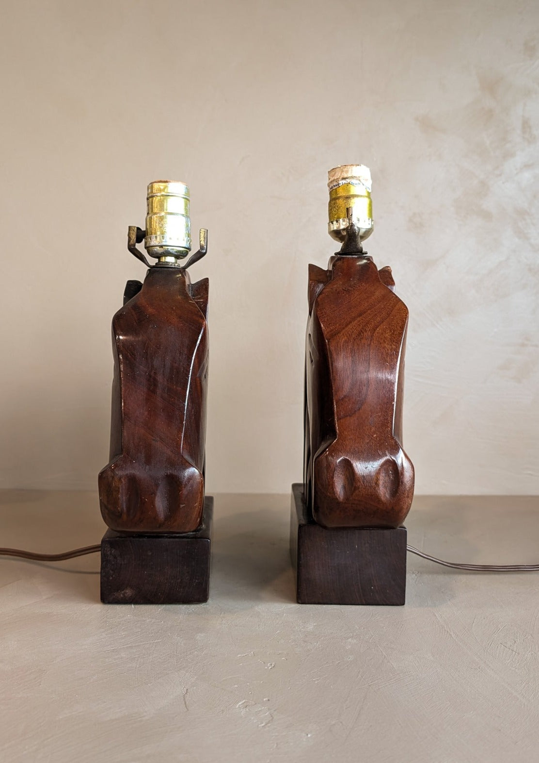 Pair of Midcentury Hand-carved Mahogany Horse Head Lamps