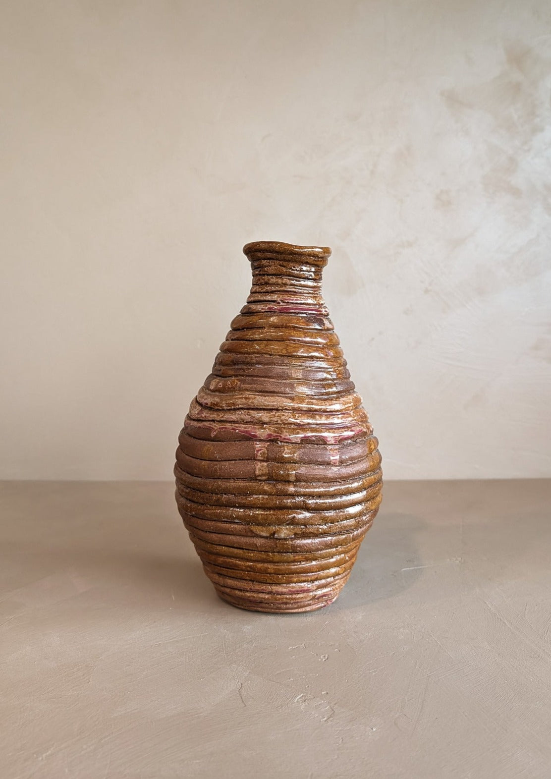 Signed Handmade Neutral Coiled Pottery Vase