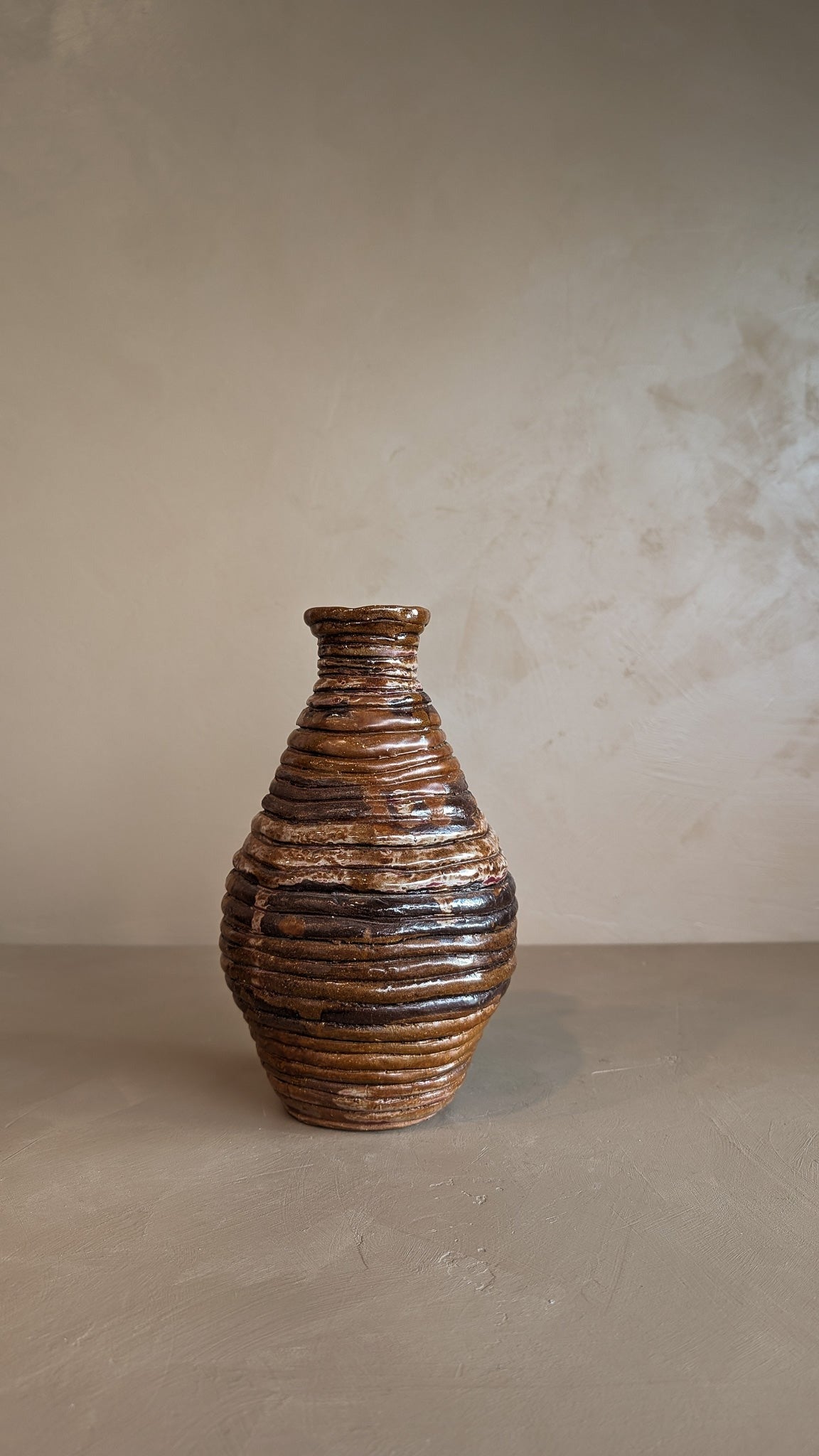 Signed Handmade Neutral Coiled Pottery Vase