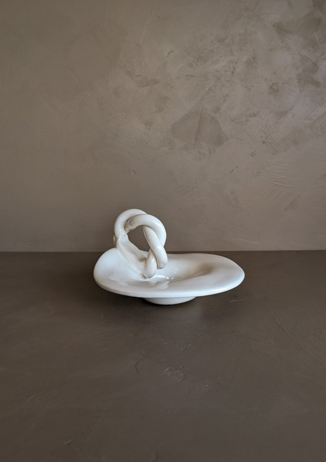 Sculptural Handmade White Dish with Twisted Handle