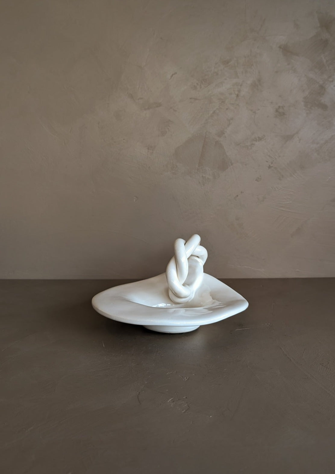 Sculptural Handmade White Dish with Twisted Handle