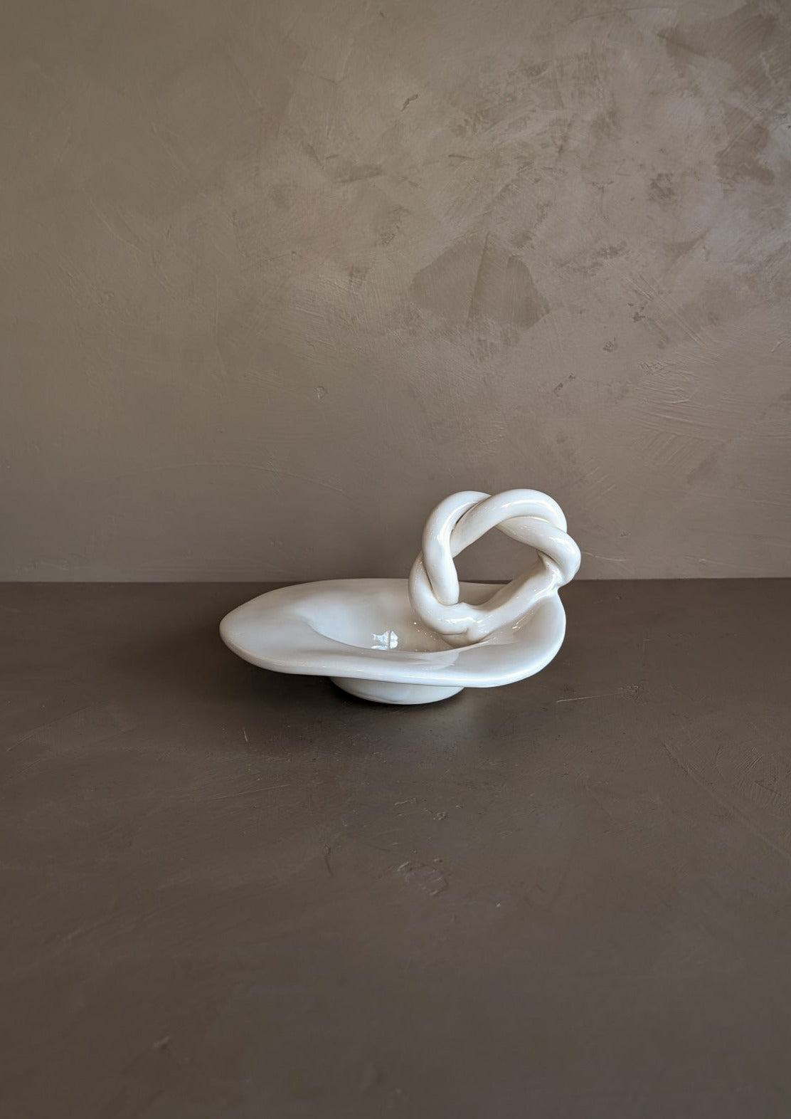 Sculptural Handmade White Dish with Twisted Handle