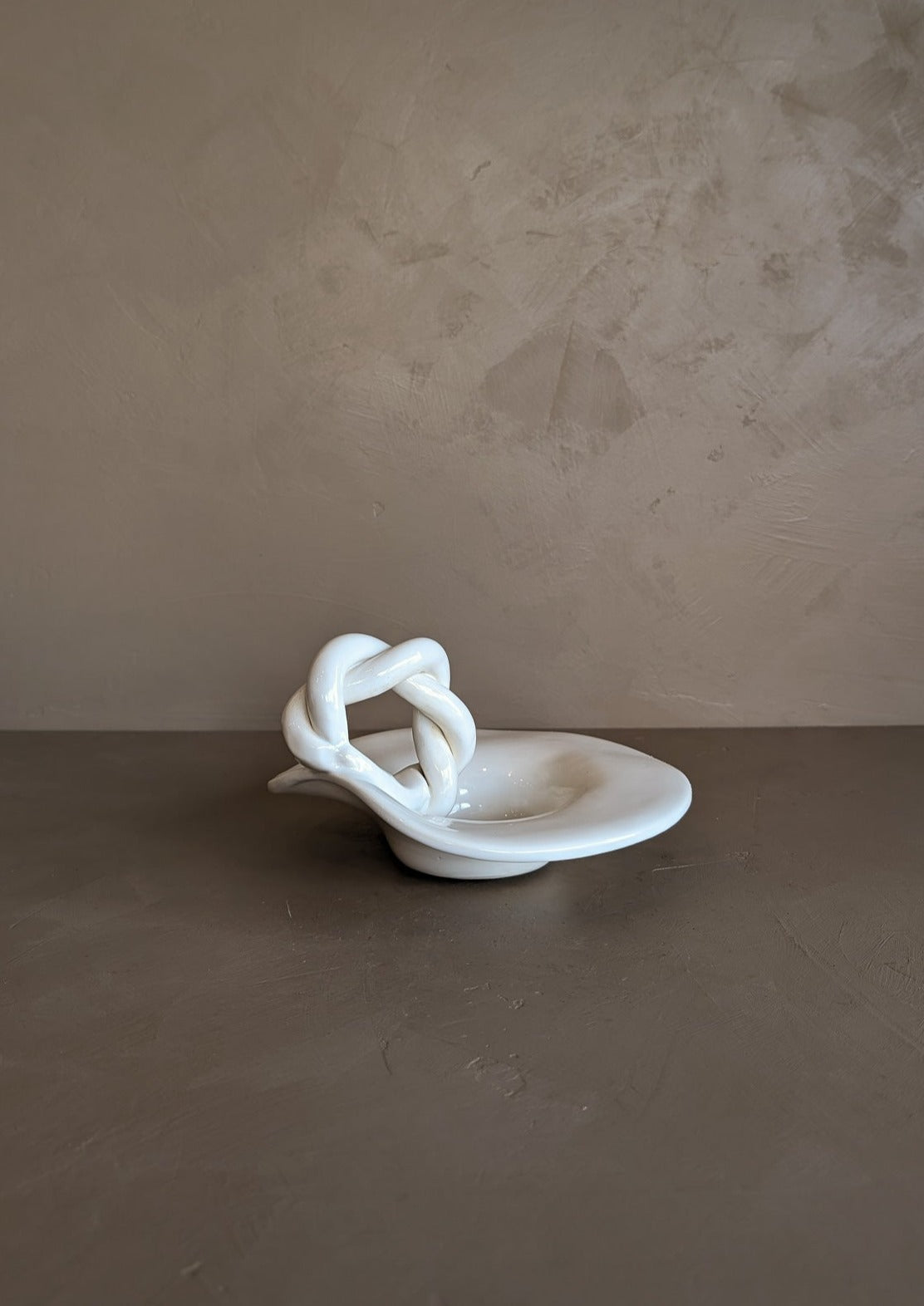 Sculptural Handmade White Dish with Twisted Handle