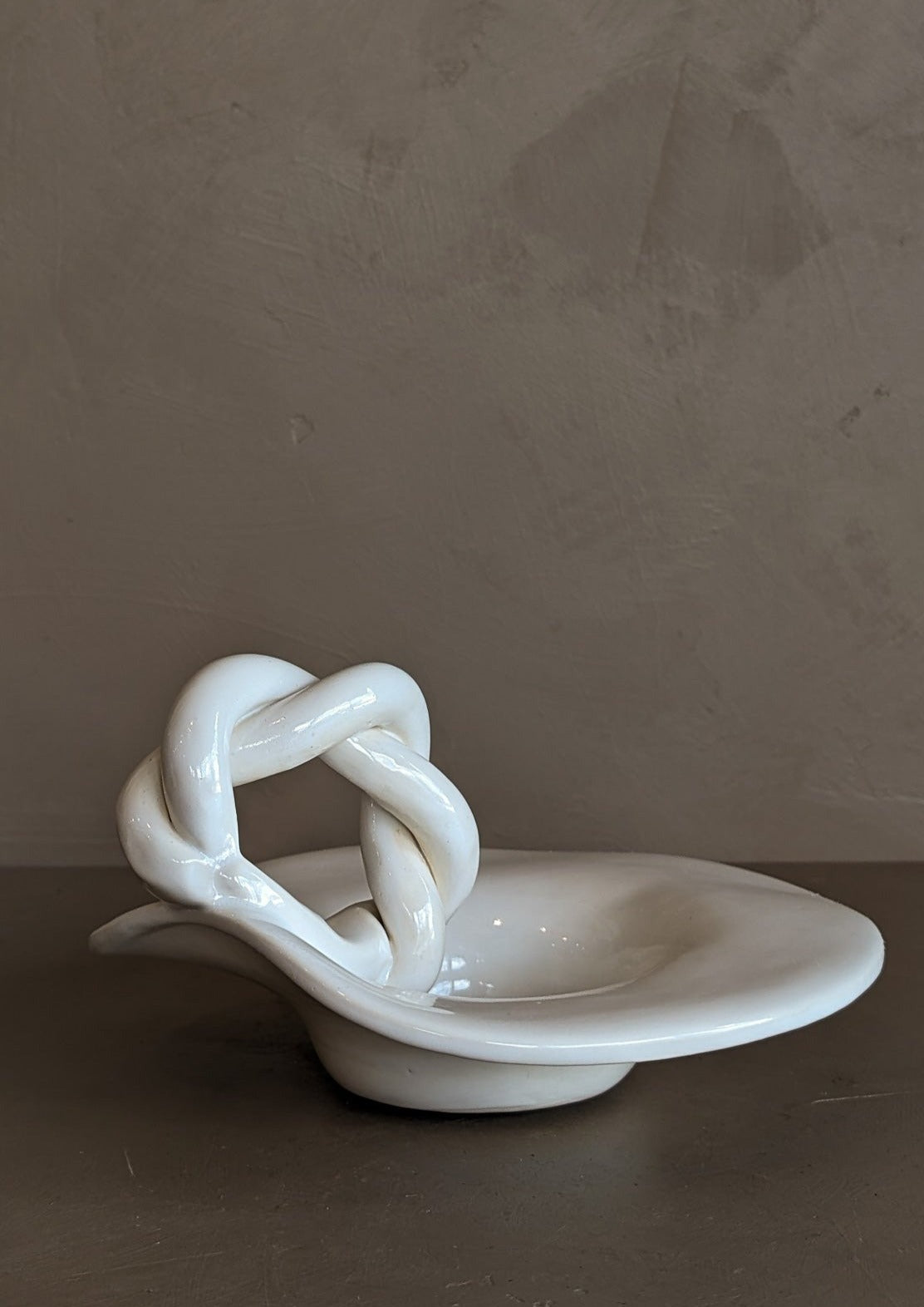 Sculptural Handmade White Dish with Twisted Handle