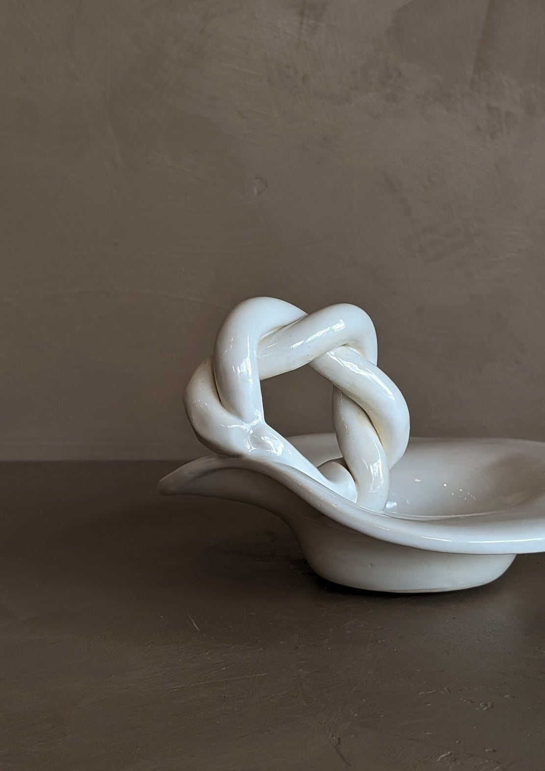 Sculptural Handmade White Dish with Twisted Handle