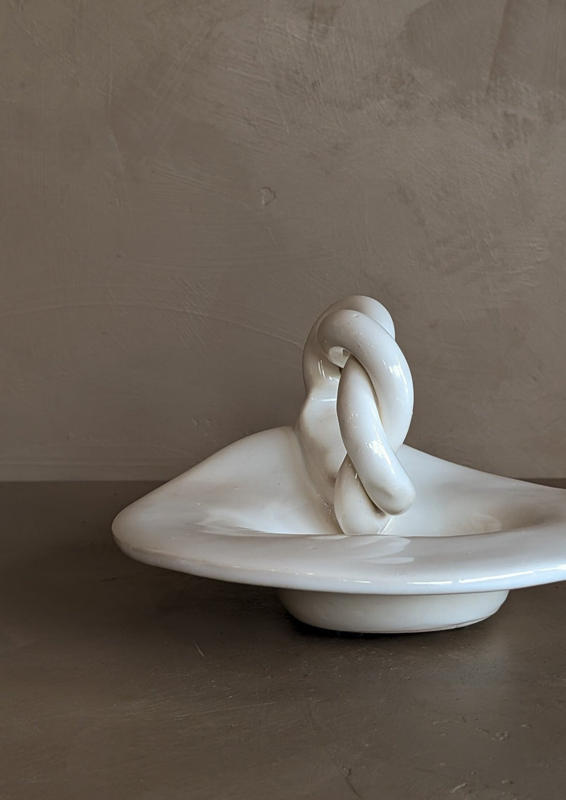 Sculptural Handmade White Dish with Twisted Handle