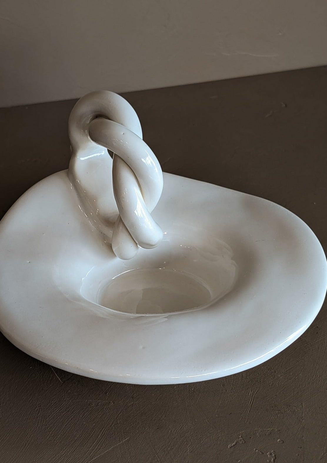 Sculptural Handmade White Dish with Twisted Handle