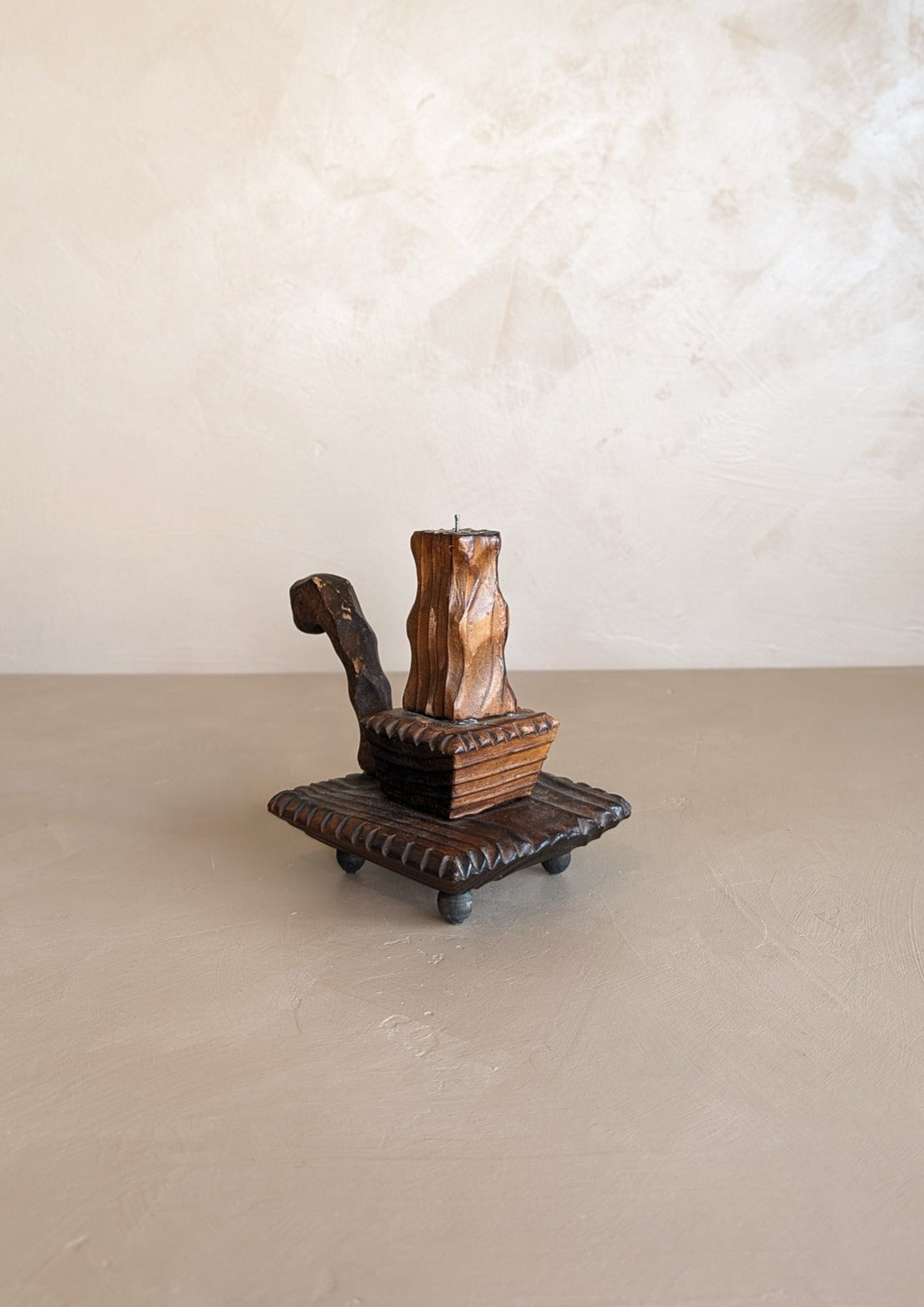 Vintage Handmade Wooden Tramp Art Candlestick