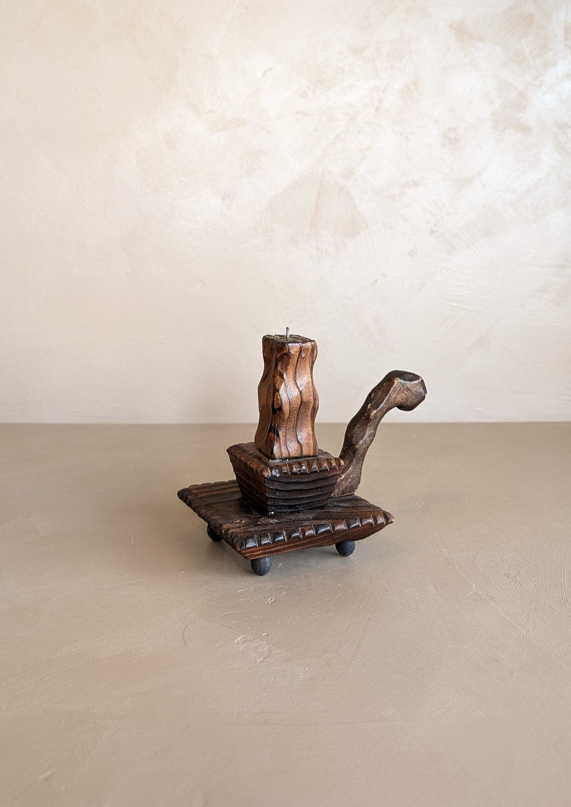 Vintage Handmade Wooden Tramp Art Candlestick