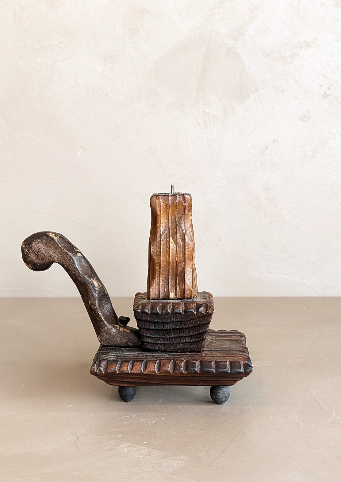 Vintage Handmade Wooden Tramp Art Candlestick