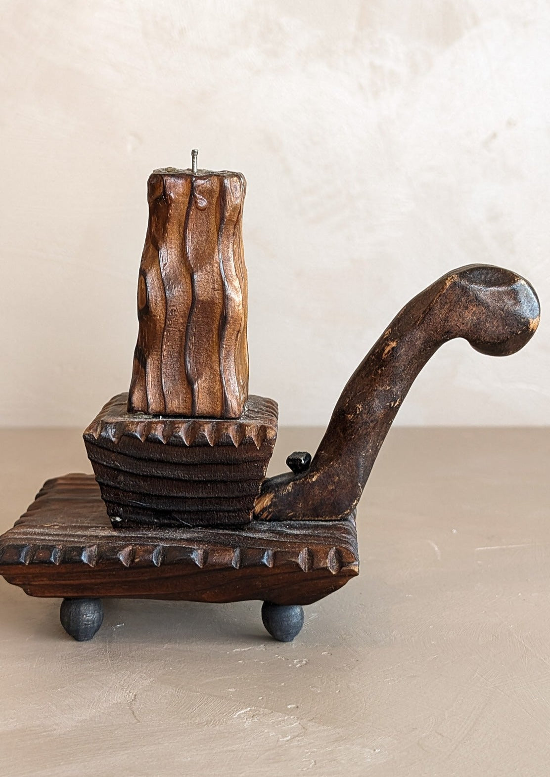 Vintage Handmade Wooden Tramp Art Candlestick