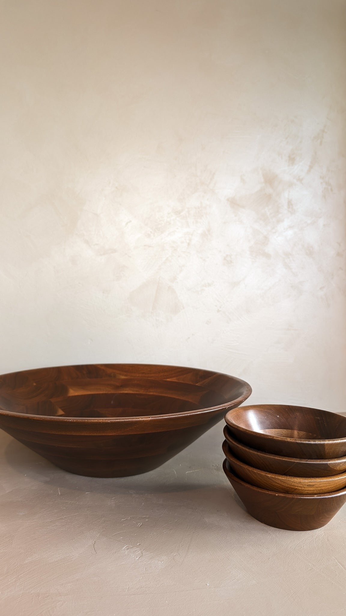 Large Midcentury Wooden Walnut Salad and Serving Bowl Set