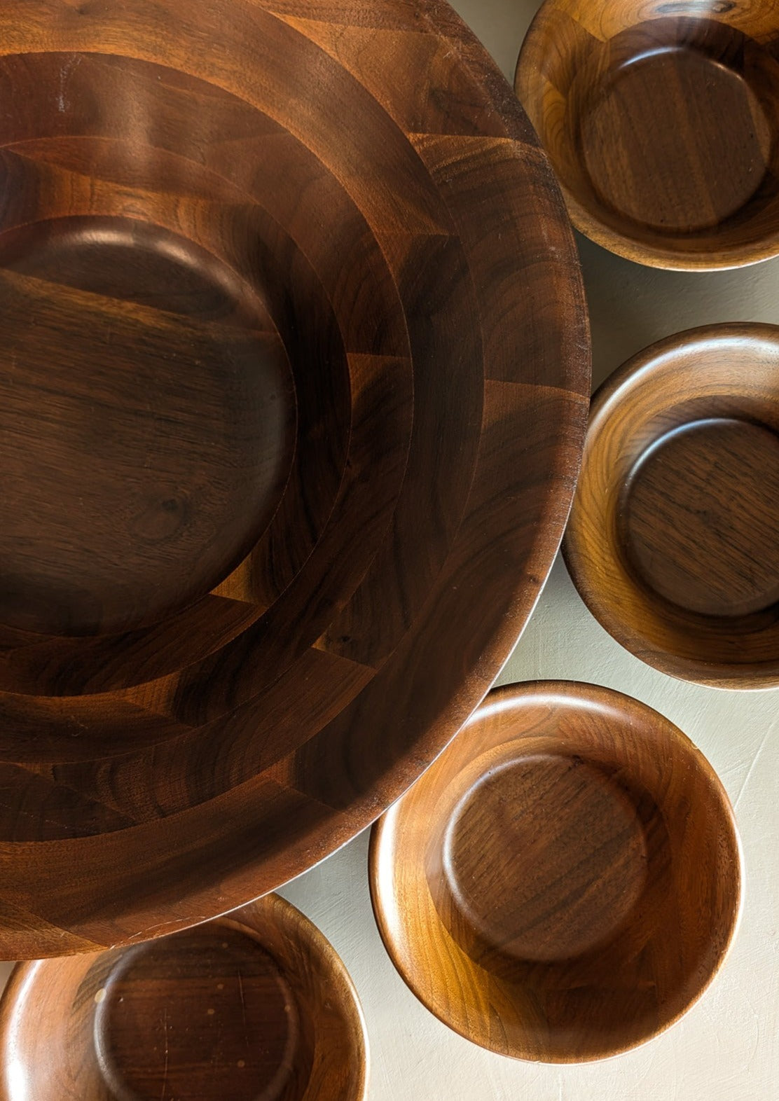 Large Midcentury Wooden Walnut Salad and Serving Bowl Set