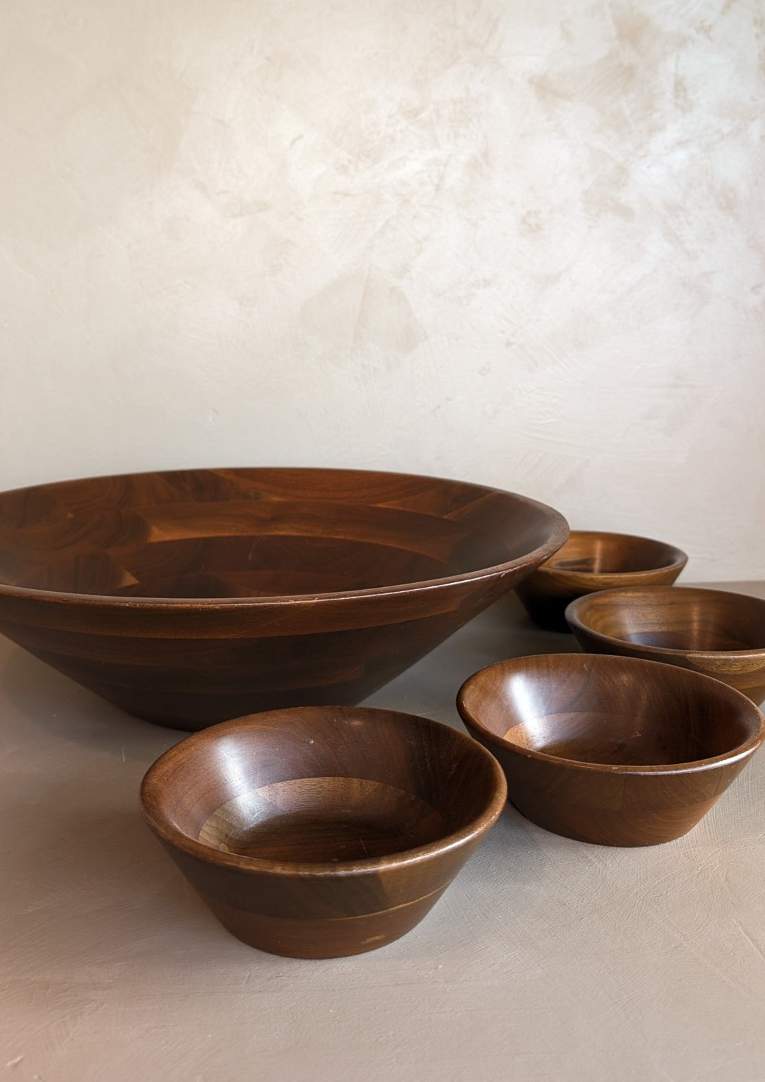 Large Midcentury Wooden Walnut Salad and Serving Bowl Set